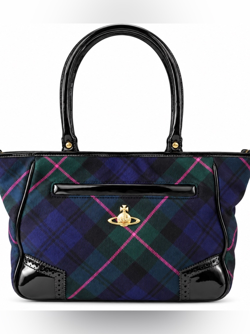 Vivienne Westwood Black Watch Plaid Brogue Satchel Bag - Black/Pink/Green